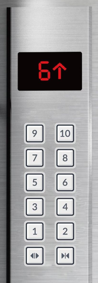 Bảng điều khiển trong cabin thang máy mặt inox xước, hiển thị LED đỏ và nút tầng 1 đến 10