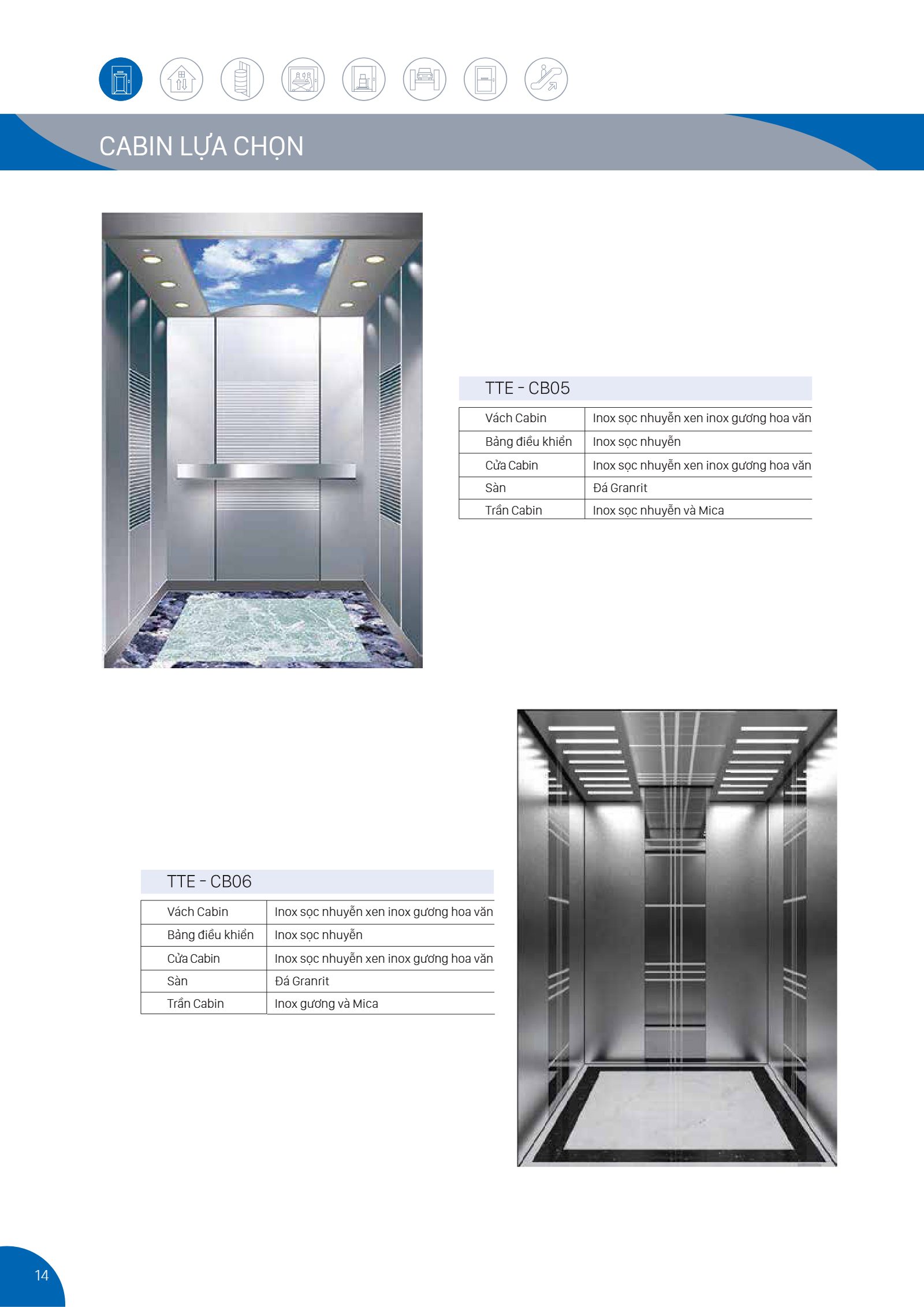 Các mẫu cabin thang máy tải khách trong catalogue Thành Đô, mã TTE-CB01 đến CB08
