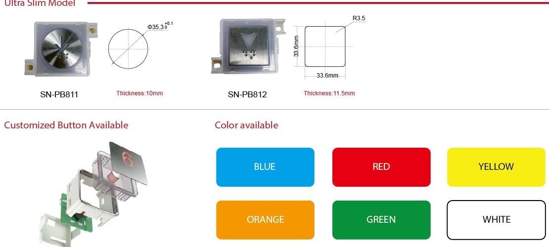 Nút bấm thang máy bản siêu mỏng dày 10 mm và bảng năm màu đèn nền