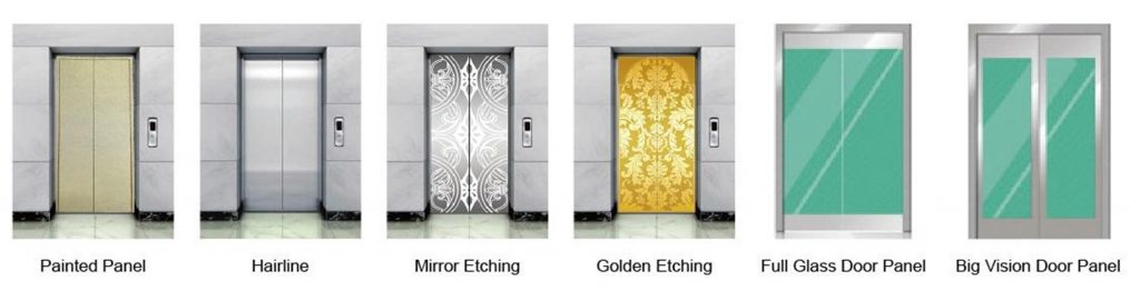Các kiểu hoàn thiện cánh cửa thang máy: sơn tĩnh điện, xước hairline, ăn mòn gương, ăn mòn vàng, kính