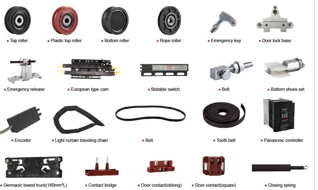 Phụ kiện bộ cửa thang máy hệ SELCOM: con lăn treo, cam, công tắc, dây curoa răng
