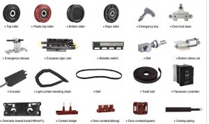 Phụ kiện bộ cửa thang máy hệ SELCOM: con lăn treo, cam, công tắc, dây curoa răng