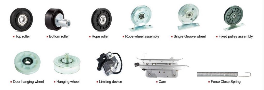 Phụ kiện bộ cửa thang máy hệ Mitsubishi: con lăn, puly, cam, lò xo đóng cửa